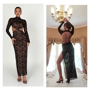 MESHKI Callista Black Lace Cutout Long Sleeve Open Back High Neck Maxi Dress 3XL